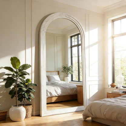 Full Length Mirror with Solid Wood Frame & Stand, 71"x32" Oversized Arched Floor Mirror, Charred Wood Finish Wall Mounted or Leaning Mirror for Bedroom Living Room, Burnt Brown