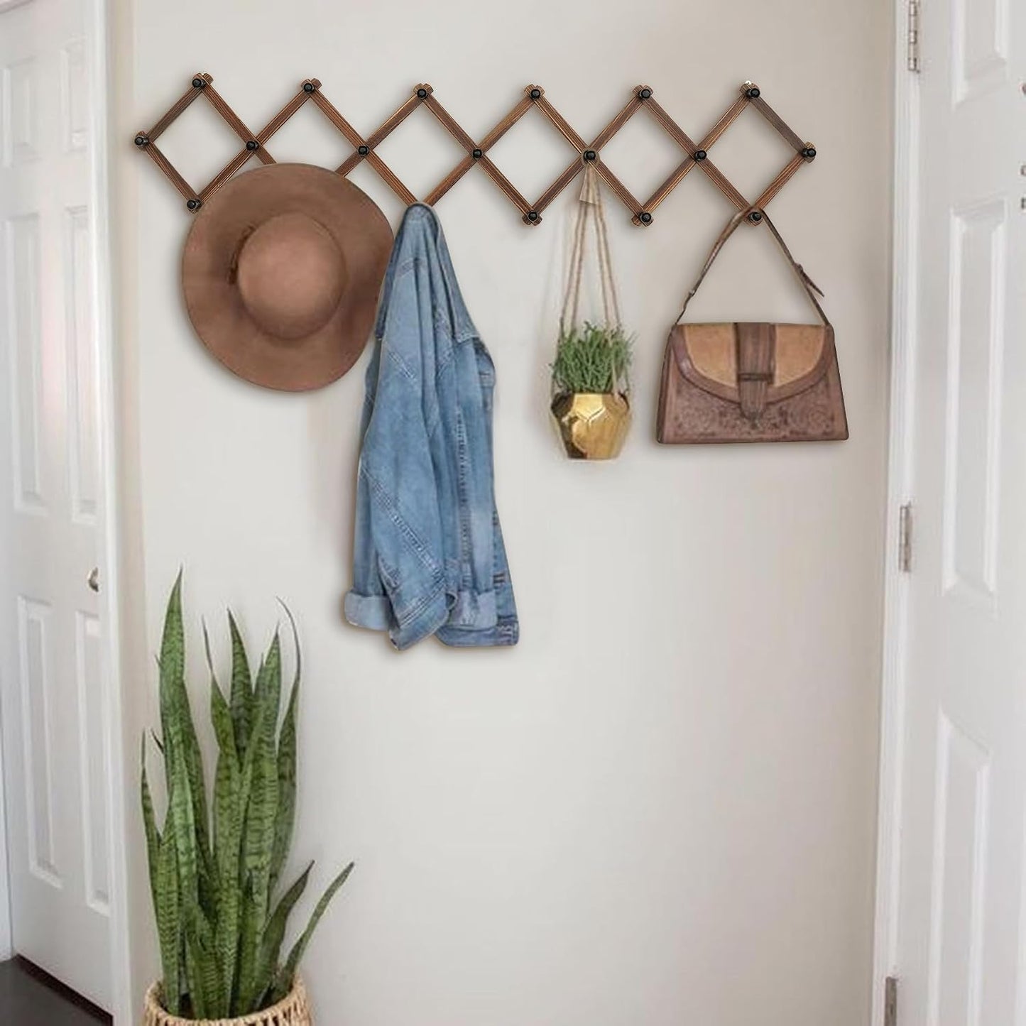 WGFKVAS 2 Pack Accordion Hat Rack for Wall - Expandable Coat Rack & Wall Mounted Hat Holder - Wooden Wall Hanger with 10 Peg Hooks for Coats, Baseball Caps, Keys & Mugs