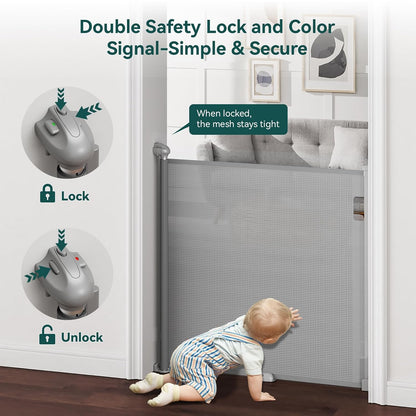 Babepai Retractable Baby Gates for Stairs, Retractable Dog Gate for Indoor/Outdoor Use | Child Gates for Doorways, Deck, Porch, Hallways, Patio (White, 55" Wide 34" Height)