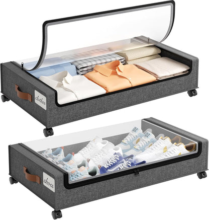 Yecaye Under Bed Storage with Wheels, 2 Pack Under the Bed Storage Containers with Lids & Label, XXL 60L Rolling Underbed Storage Drawers for Clothes, Blankets, Shoes, Black