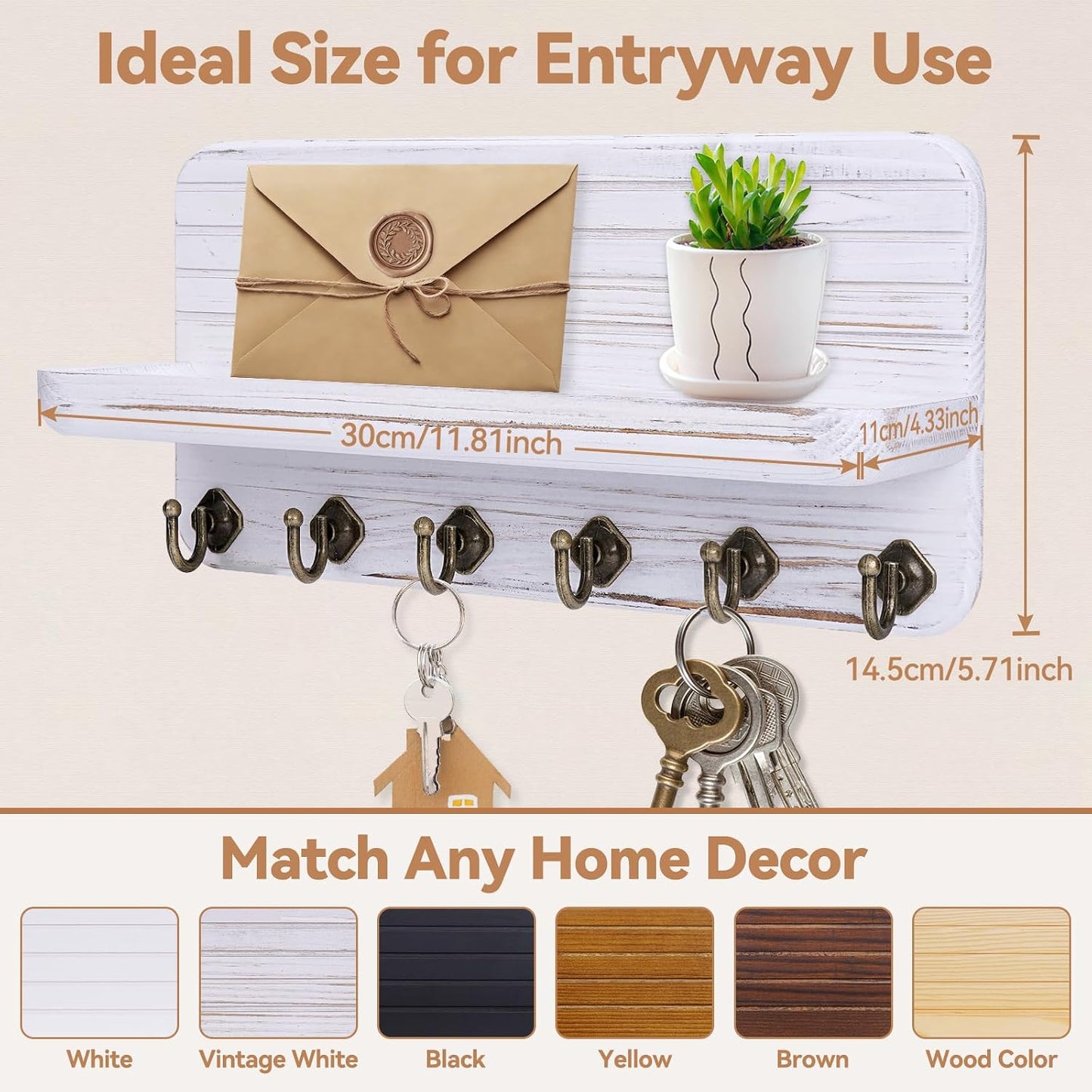Key Holder for Wall, Mail Organizer Wall Mount with 6 Hooks Wooden Hanging Key Rack for Home Decor, Hallway, Entryway (Brown)