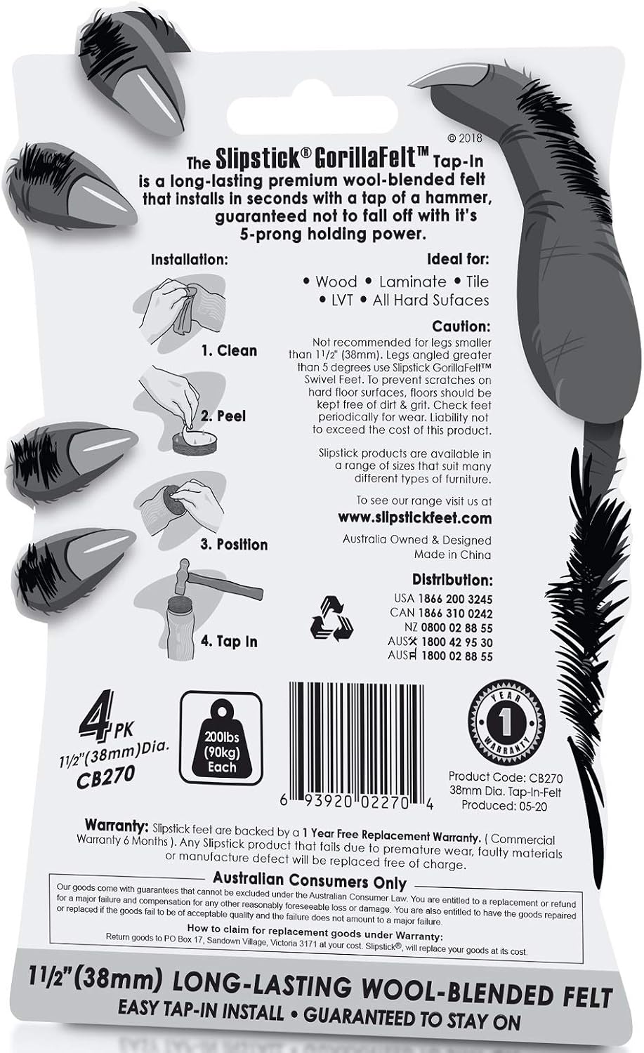 GorillaFelt Chair Leg Floor Protectors/Felt Chair Glides (Set of 16) Tap-On Felt Furniture Pads Guaranteed to Stay On, 1 Inch Round Chair Sliders