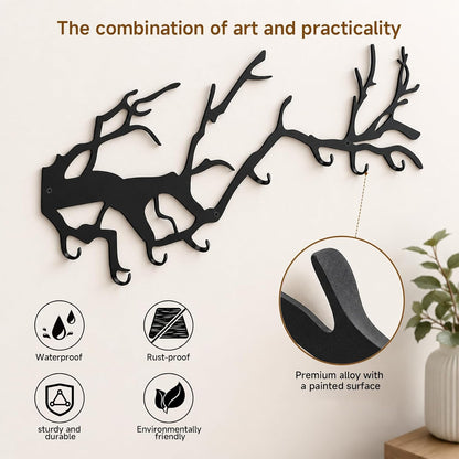 Wall Coat Rack with 8 Hooks Black - Tree Branch Design Metal Wall Hooks - Coat Hooks for Hallway, Bathroom, Bedroom, Kitchen - Hook Rail for Wall Mounting
