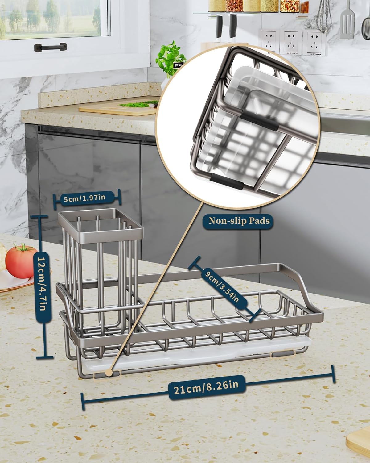 Consumest Sponge Holder for Kitchen Sink - Kitchen Sink Caddy Organizer with Removable Drip Tray for Countertop Dish Soap Dispenser Brush Storage Accessories 304 Stainless Steel - Black
