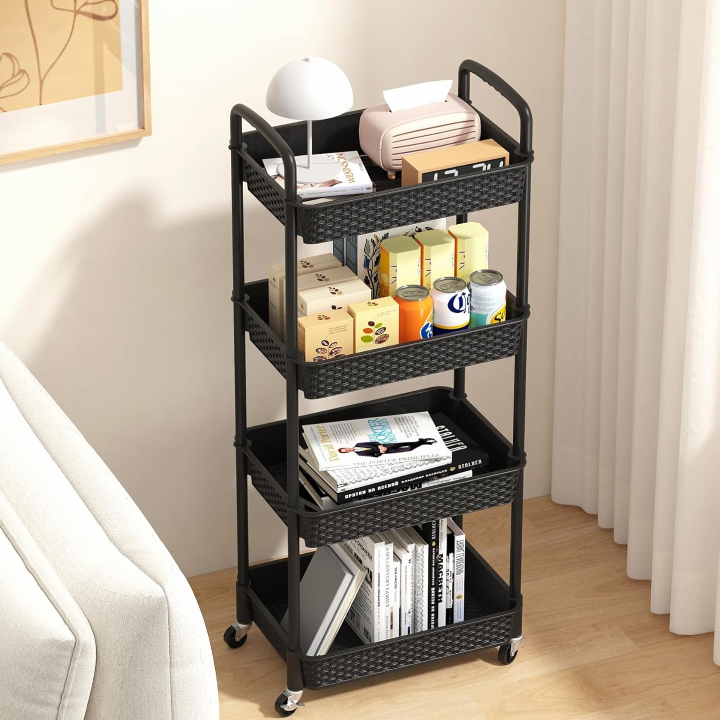 MOYIPIN 3-Tier Plastic Rolling Utility Cart with Handle,Utility Storage Cart for Office, Living Room, Kitchen,Movable Storage Organizer Shelves,White
