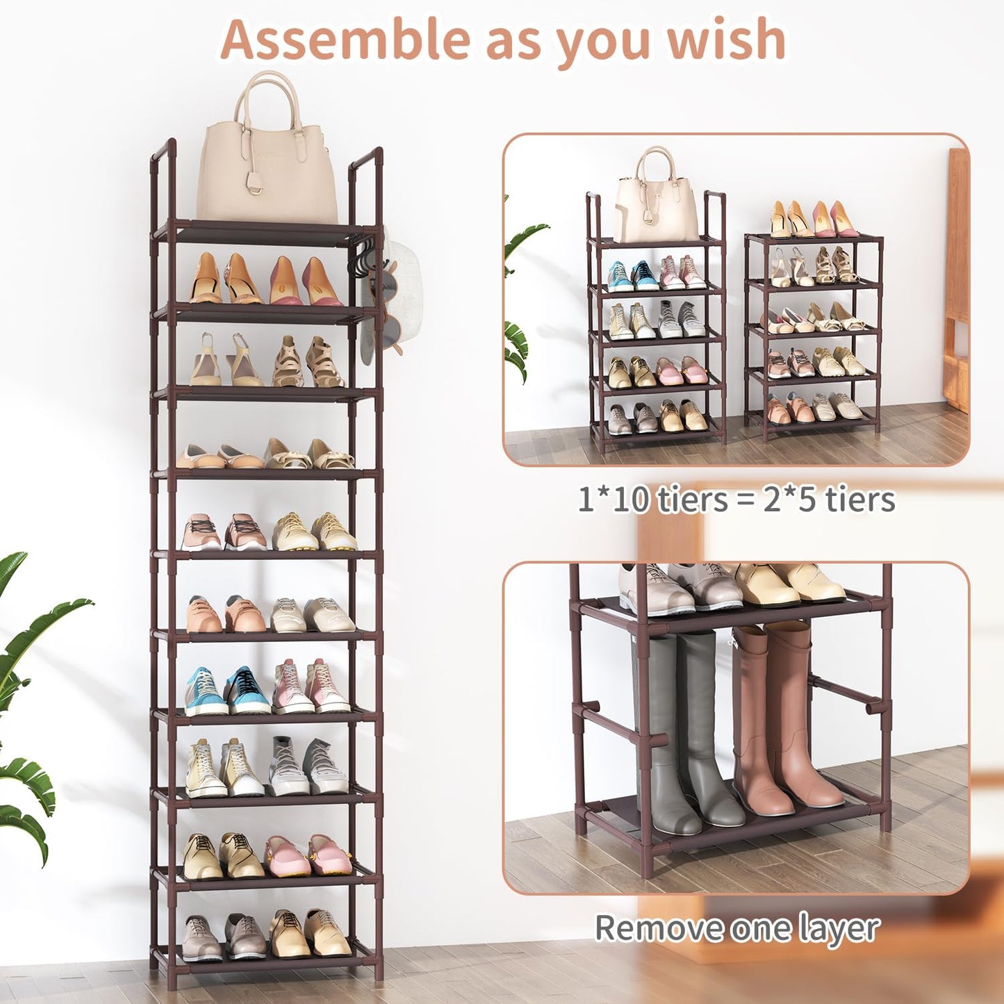 LANTEFUL 10 Tiers Tall Shoe Rack 20-25 Pairs Boots Organizer Storage Sturdy Narrow Shoe Shelf for Entryway, Closets with Hooks, Black
