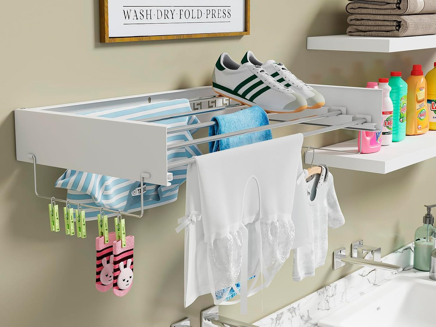 Wall Mounted Hidden Clothes Drying Rack - Pull-Out Laundry Organizer with 5 Stainless Steel Rods - Collapsible & Foldable for Laundry Room/Bathroom - Heavy Duty & Space Saving (31.5", White)