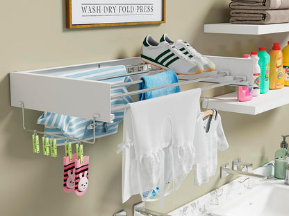 Wall Mounted Hidden Clothes Drying Rack - Pull-Out Laundry Organizer with 5 Stainless Steel Rods - Collapsible & Foldable for Laundry Room/Bathroom - Heavy Duty & Space Saving (31.5", White)