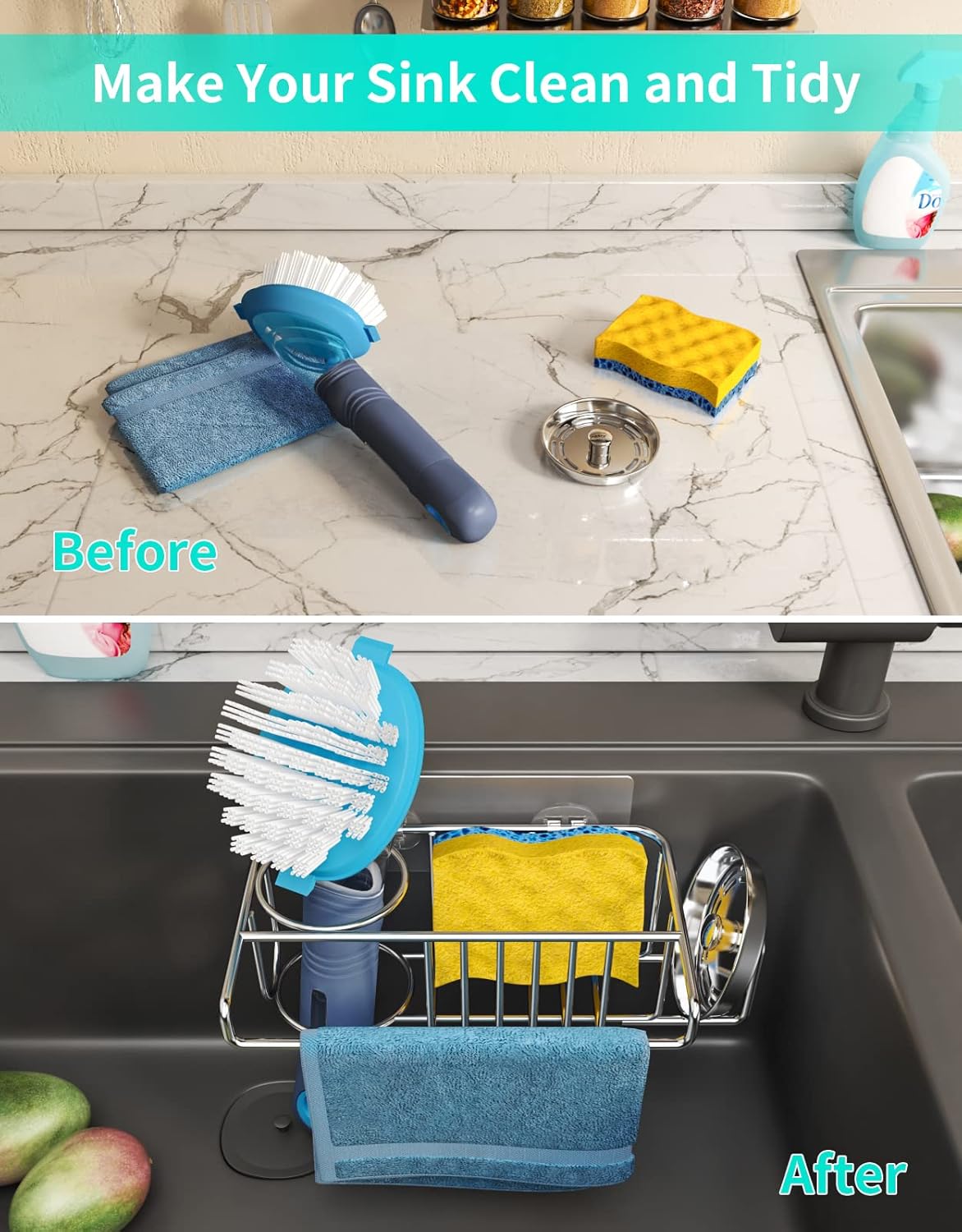 HapiRm 4 in 1 Sink Caddy Sponge Holder, SUS304 Stainless Steel Kitchen Brush Holder and Dish Cloth Hanger, Kitchen Organizers and Storage Essentials - Silver