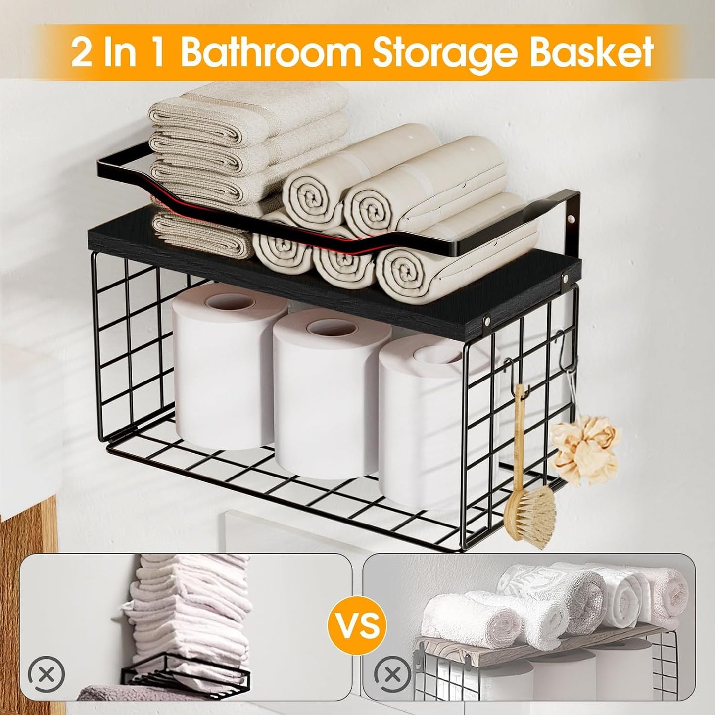 Towel Racks for Bathroom,Towel Rack Wall Mounted, 6 Tier Rolled Or Folded Towel Holder with Floating Shelves, Bathroom Towel Holder for Bath, Hand Towels,Metal and Wood