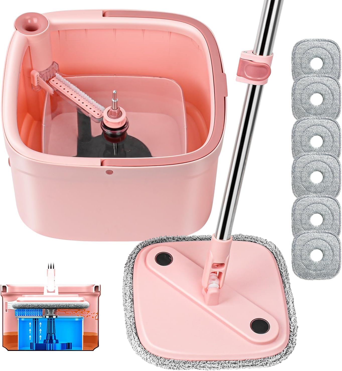 Spin Mop and Bucket Set with 2 Replaceable Microfiber Mop Pads with Self Separation Dirty and Clean Water System, Self Wringing 360° Rotating Square Mop Head for Hardwood Tile Marble Floors