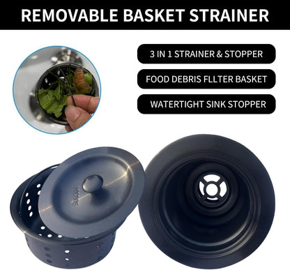 Kitchen Sink Drain Assembly Kit, 3-1/2 Inch Brushed 304 Stainless Steel Basket Strainer with Deep Removable Basket, Stopper & Cover Lid, Fits Standard Kitchen Sinks
