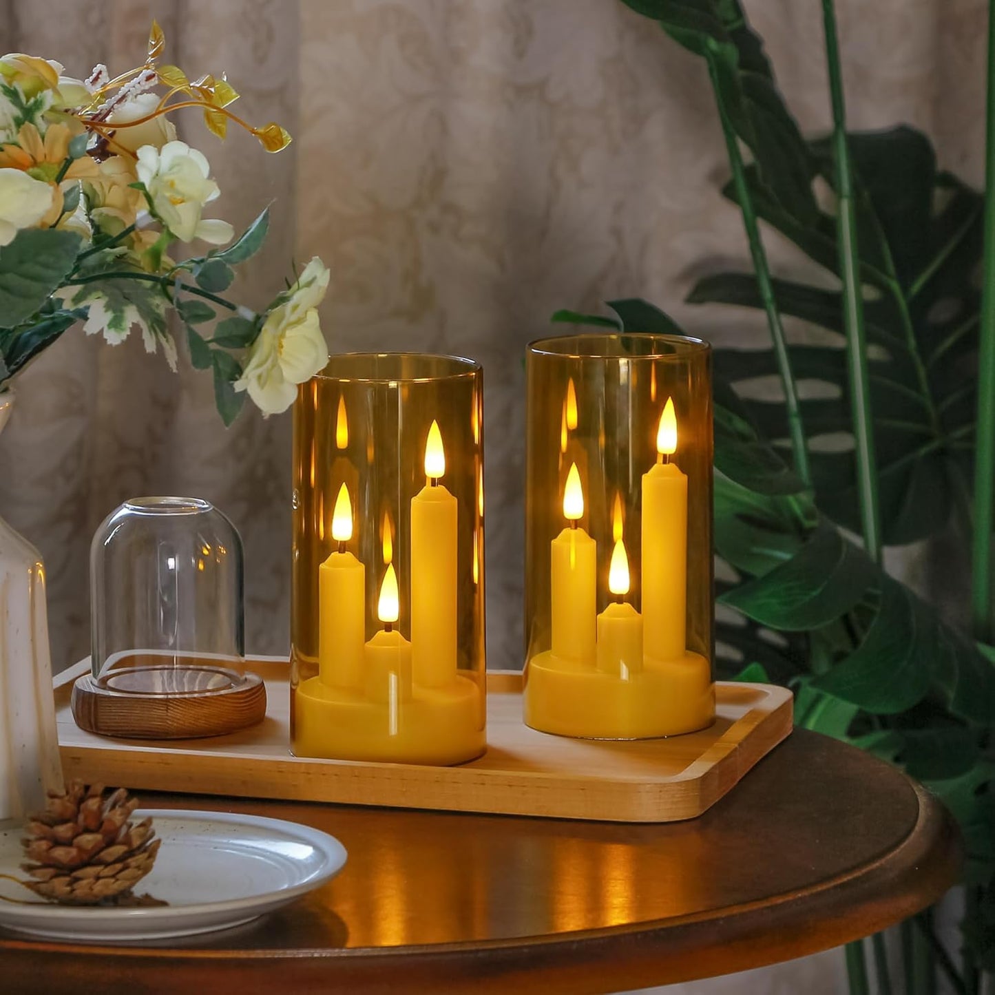 3 in 1 Flameless Taper Short Candles with 10 Key Remote Control and Timer, Battery Operated Pack of 2 LED Acrylic 3" x6" Grey Pillar Flickering Warm Light