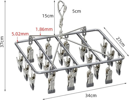 Drying Rack for Sock, Stainless Steel Sock Drying Rack with 23 Clips, Swivel Hook Windproof Hanger for Sock, Laundry, Hat, Scarf, Bras, Towel, Underwear, Pants, Gloves (White)