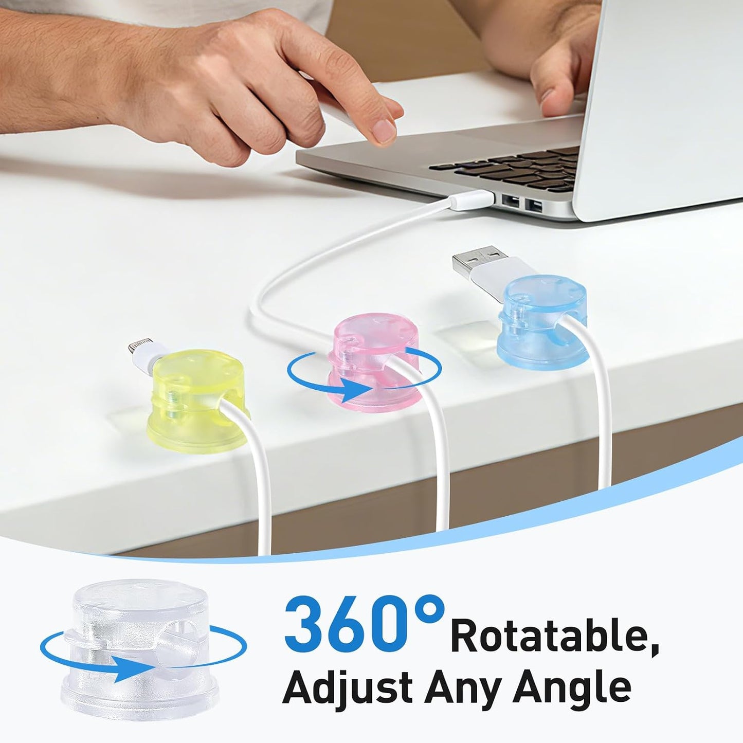 AGPTEK 8 Pack Magnetic Cable Clips, Upgraded 360° Rotatable Cord Holder Clips for Nightstand, Desk Cord Organizer Adhesive Wire Management Home Office Phone Charging Cords USB Cable Keeper (Clear)