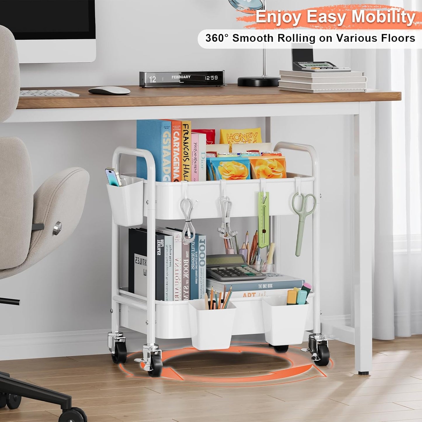 2 Tier Small Rolling Cart Metal with Wheels, White Under Desk Storage Cart on Wheels, Short Utility Roller Caddy Carts Organizer for Art,Craft,Pantry,Bathroom, Two Tiered Shelf Trolley,22 Inches Tall