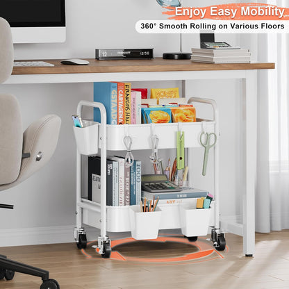 2 Tier Small Rolling Cart Metal with Wheels, White Under Desk Storage Cart on Wheels, Short Utility Roller Caddy Carts Organizer for Art,Craft,Pantry,Bathroom, Two Tiered Shelf Trolley,22 Inches Tall