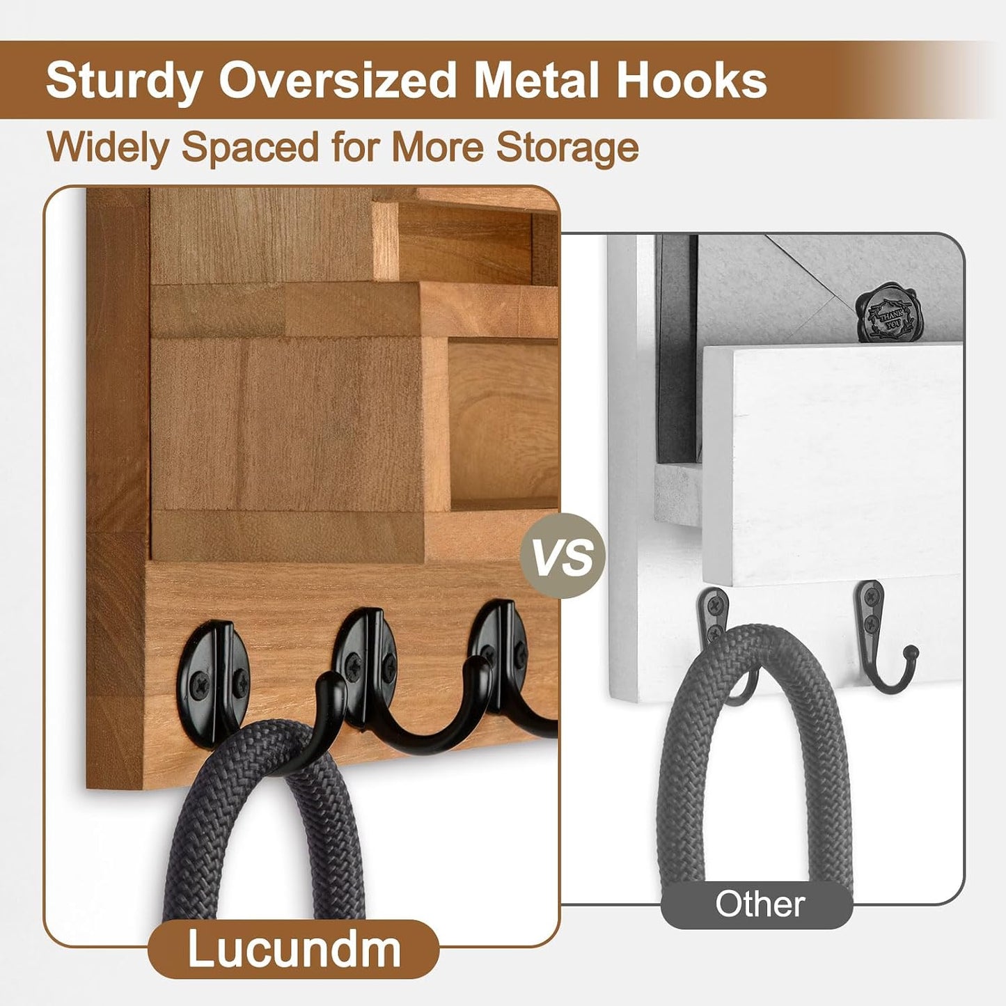 Key and Mail Holder Wall Mount, Key Hanger with Long Storage Box and 5 Hooks for Coat, Dog Leash, Home Decor Rack, House Accessories, Entry Way Organizer 11.8”W x 7.8”H x 3.2”D
