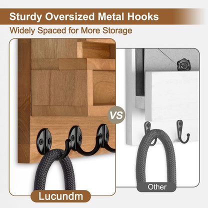 Key and Mail Holder Wall Mount, Key Hanger with Long Storage Box and 5 Hooks for Coat, Dog Leash, Home Decor Rack, House Accessories, Entry Way Organizer 11.8”W x 7.8”H x 3.2”D