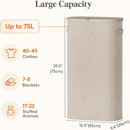 Lifewit Slim Laundry Basket with Lid, Narrow Laundry Hamper with Plastic Handles and Removable Bag, Tall Foldable Dirty Clothes Hampers for Laundry Room, Bedroom, Bathroom, Dorm, 65L Beige