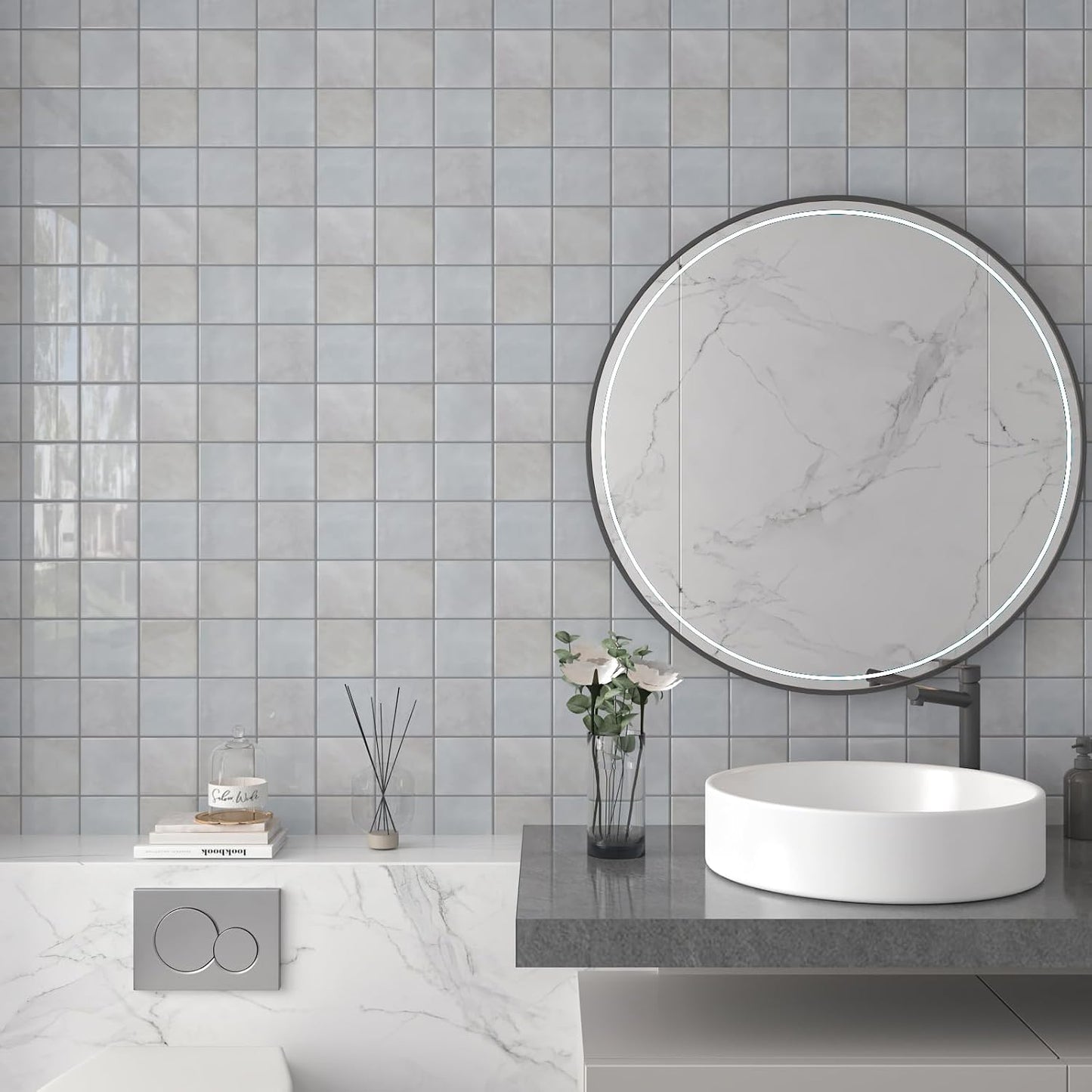 CHIHUT 6 Sheets 12"x12" Glossy Grey Concrete Checkered Peel and Stick Backsplash Tiles Waterproof Heat Resistant Self Adhesive Vinyl Wall Tiles for Kitchen Bathroom Laundry Room Renter Friendly Tiles