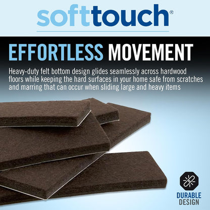 SoftTouch 1" x 4" Heavy-Duty Furniture Slider Felt Strips for Hard Surfaces, Adhesive Felt Tape Furniture Moving Pads for Beds, Sofas, Dressers, Set of 6, Brown