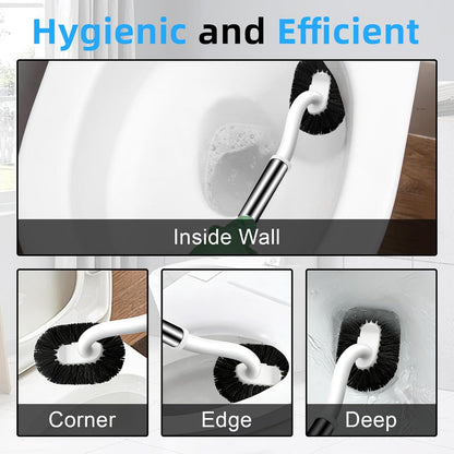 Toilet Brush and Holder Set, Curved Toilet Brush with Stainless Steel Handle, Under Rim Toilet Bowl Brush for Deep Cleaning, Drip-Proof, White