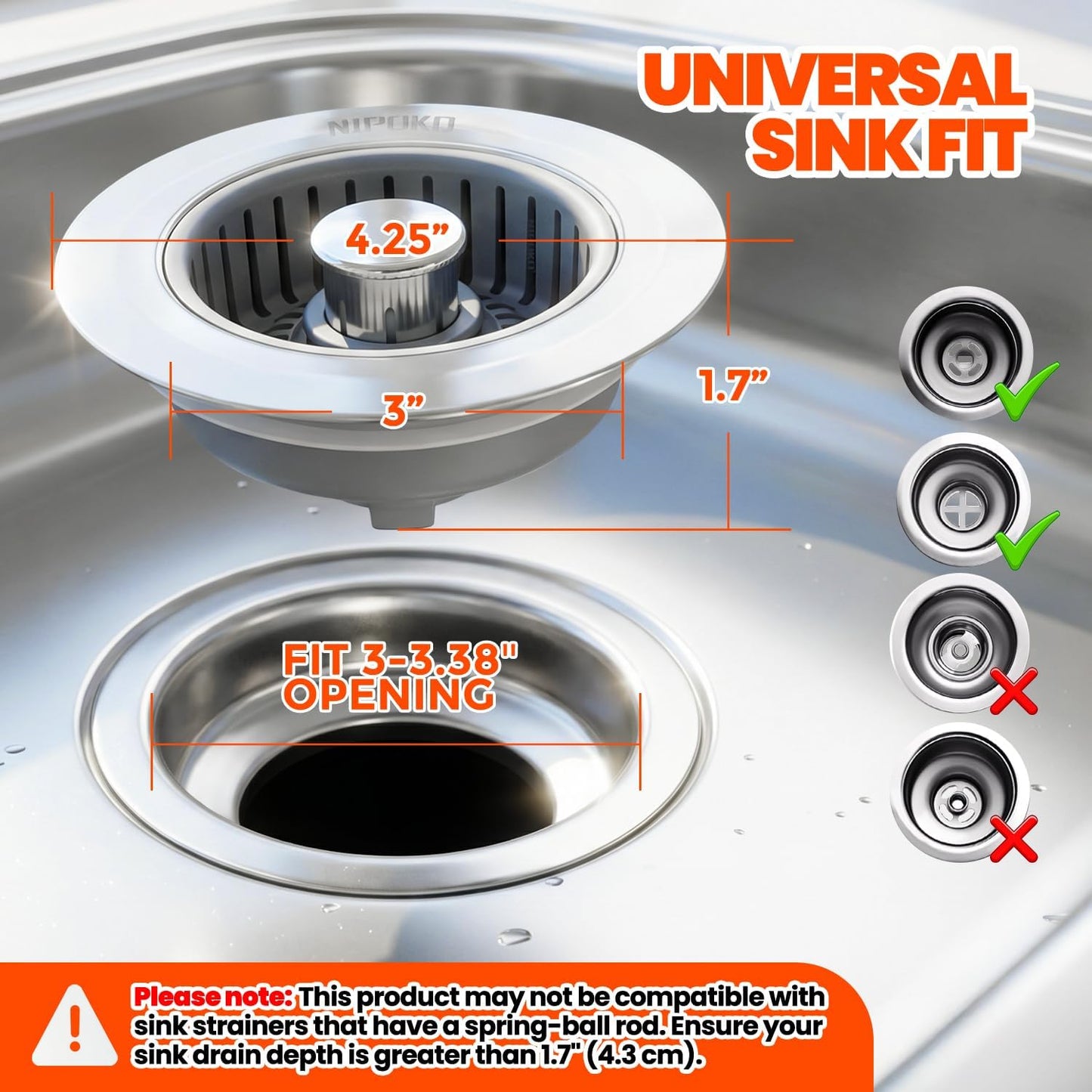 2 Pack Sink Drain Strainer - Sink Stopper, 3 in 1 Stainless Steel Kitchen Drain Plug with Deep Anti-Clog Basket and Odor-Blocking Seal, Pop-Up Design Fits Standard 3-1/2 Inch Sink