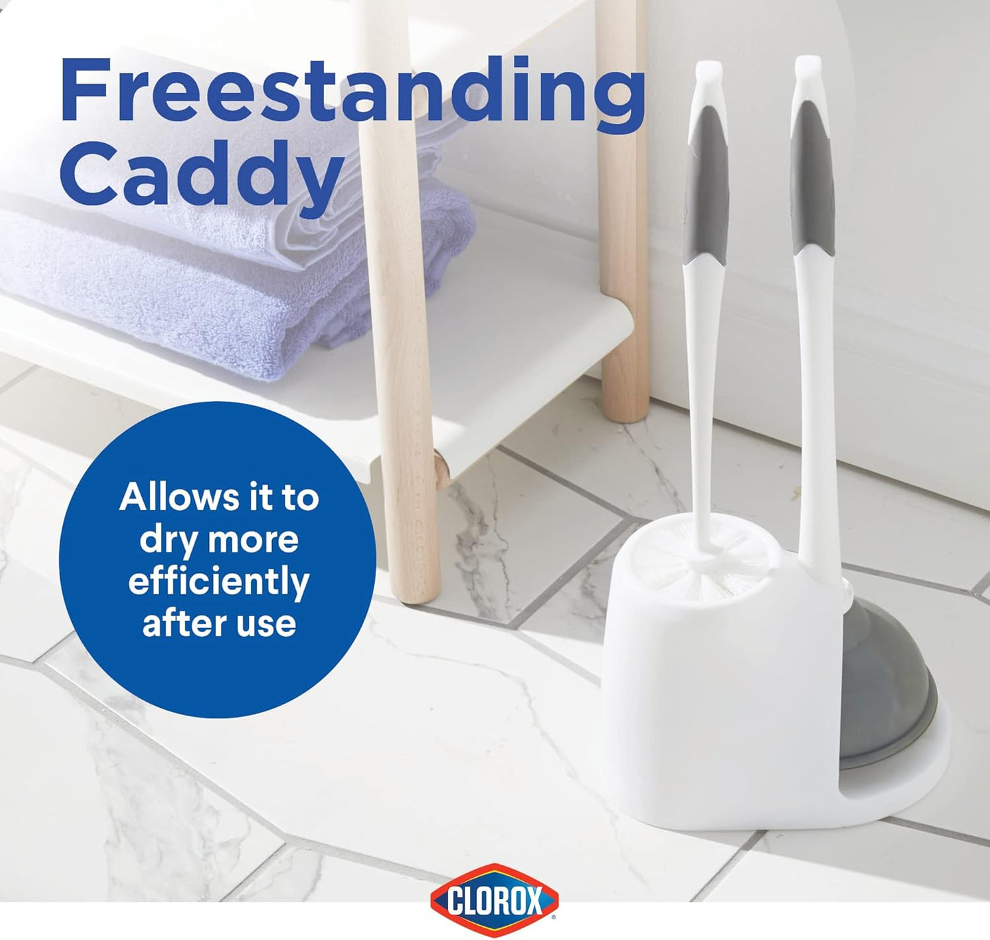 Clorox Toilet Plunger and Brush Bowl Set with Holder Caddy Storage for Cleaning Bathroom and Unclogging Toilets, White and Gray