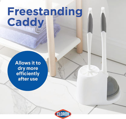 Clorox Toilet Plunger and Brush Bowl Set with Holder Caddy Storage for Cleaning Bathroom and Unclogging Toilets, White and Gray