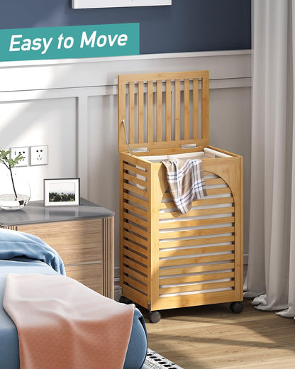 Black Laundry Hamper with Wheels, Laundry Basket with Lid, 22.5 Gallon (85L) Bamboo Wood Clothes Laundry Hamper 2 Section with Handles, Removable Liner