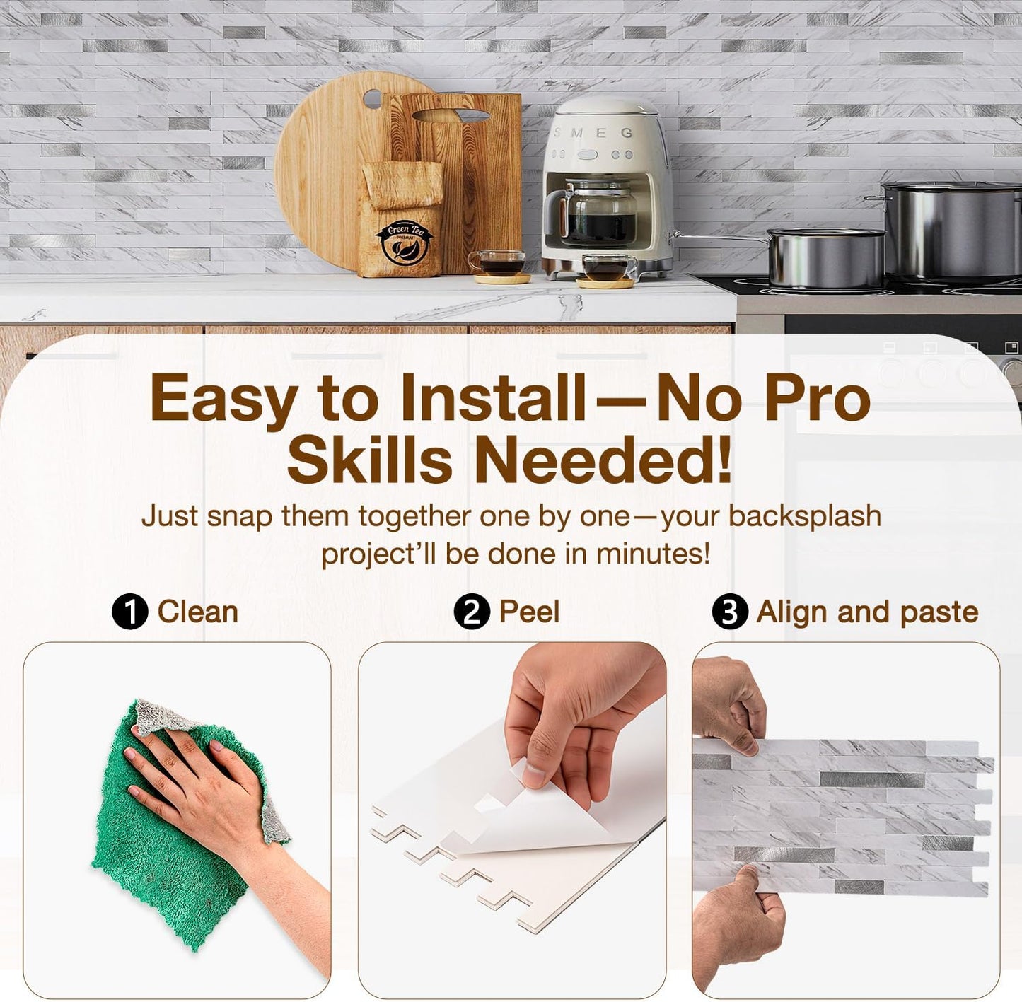 Peel and Stick Backsplash Tile Waterproof Removable PVC Wall Sticker 3D Faux Stone Marble Brick White Accent Panels (White Marble - Metal Silver, 20 Tiles - 9 sq. ft. (0.84 M²))