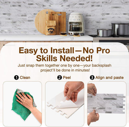 Peel and Stick Backsplash Tile Waterproof Removable PVC Wall Sticker 3D Faux Stone Marble Brick White Accent Panels (White Marble - Metal Silver, 20 Tiles - 9 sq. ft. (0.84 M²))