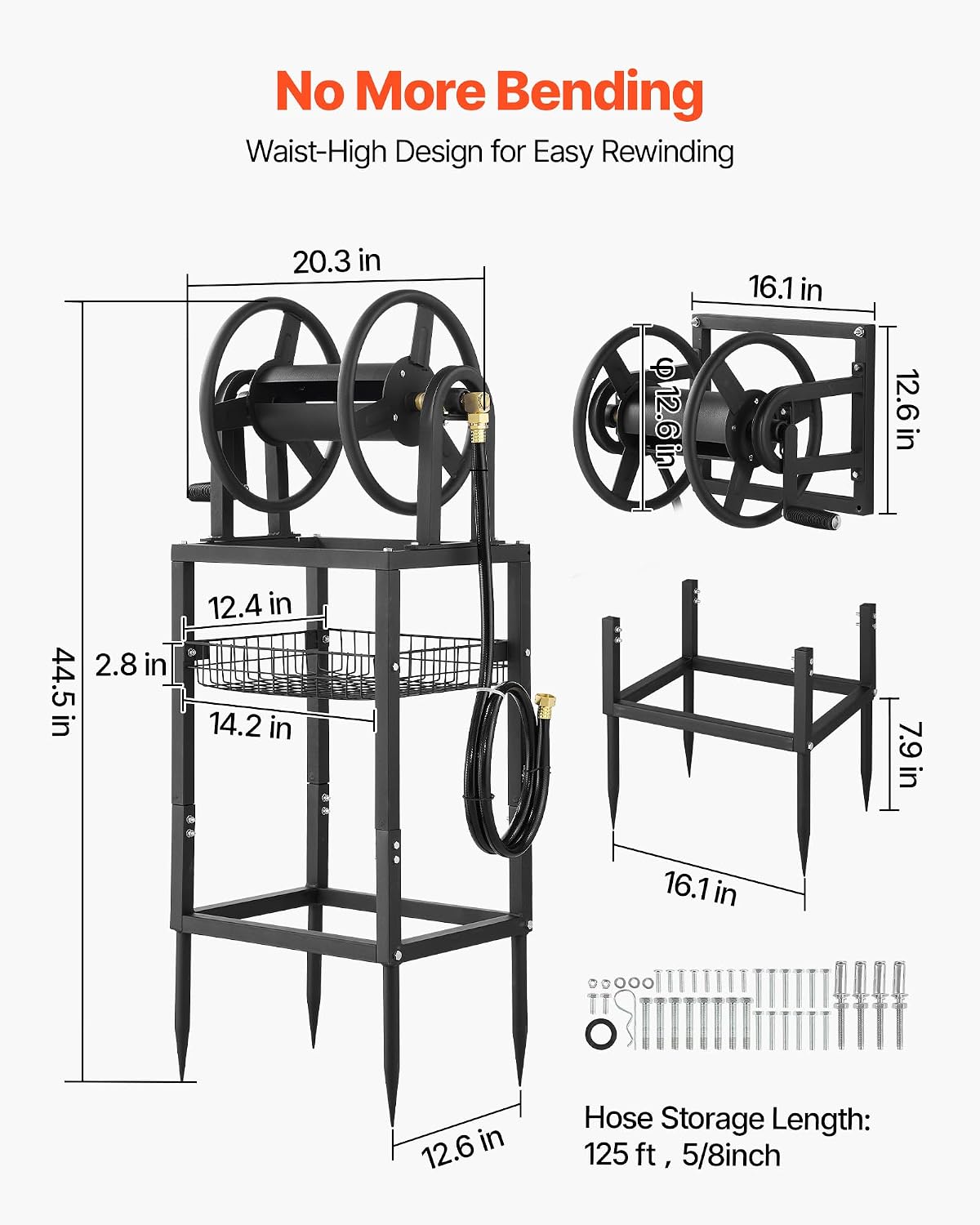 VEVOR Wall Mounted Garden Hose Reel, Holds 125 ft 5/8-inch Hose, Heavy-Duty Water Hose Winder, Space-Saving Design, Outdoor Manual Reel with Brass Fitting and Storage Basket for Yard Lawn