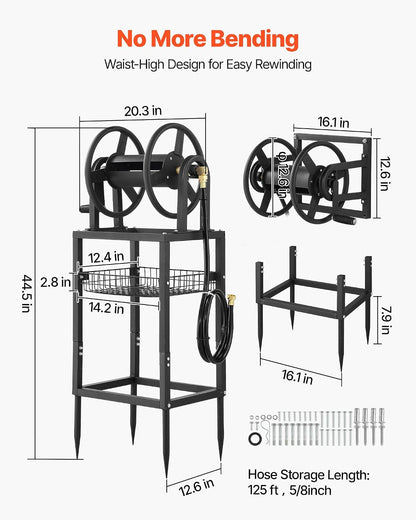VEVOR Wall Mounted Garden Hose Reel, Holds 125 ft 5/8-inch Hose, Heavy-Duty Water Hose Winder, Space-Saving Design, Outdoor Manual Reel with Brass Fitting and Storage Basket for Yard Lawn