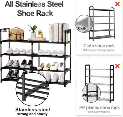 3 Row 4 Tier Long Shoe Rack, Black Metal Stackable Shoe Shelf with Multifunctional Hooks, Shoe Storage Hold 24-30 Pairs, Space Saving Shoe Organizer for Closet,Wide Shoe Rack