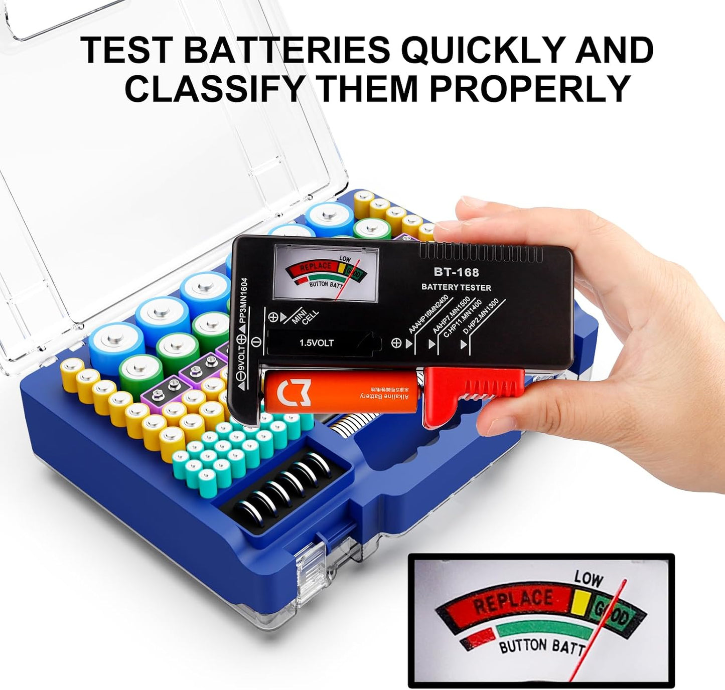 Tututry Battery Organizer Storage Holder Box Case with Tester, Ultra-Large 262+ Batteries Container with Double-Sided, Holds AA AAA 4A 23A C D Cell 9V 3V Lithium 4LR44 CR3 CR123A 18650 (Red)
