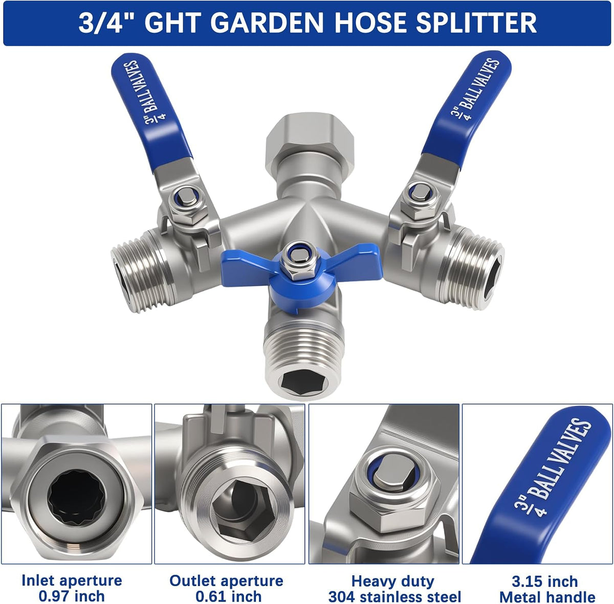 Hose Splitter 2 Way Heavy Duty, Full Flow Garden Hose Splitter with Large Easy-Turn Handle, 3/4 Inch GHT Brass Water Hose Splitter for Outdoor Faucet, Y Valve Hose Bib Splitter