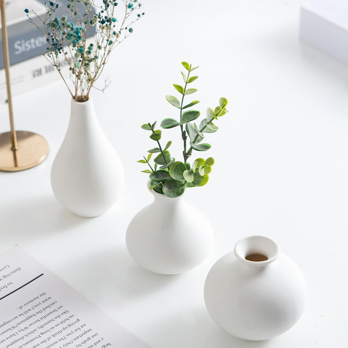 Small Ceramic Vase Set of 5, Modern White Vase, Bud Vase, Boho Decorative Vase for Fireplace, Entryway and Living Room, Centerpiece Table Decorations