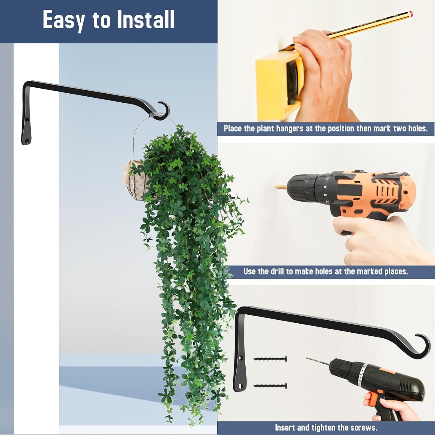 FEED GARDEN Heavy Duty Plant Hangers Outdoor Indoor, 8 Inch 2 Pack Metal Hanging Bracket Holds Up to 44 lbs, Wall Brackets for Hanging Baskets, Bird Feeders,Wind Chime& Lanterns, Black