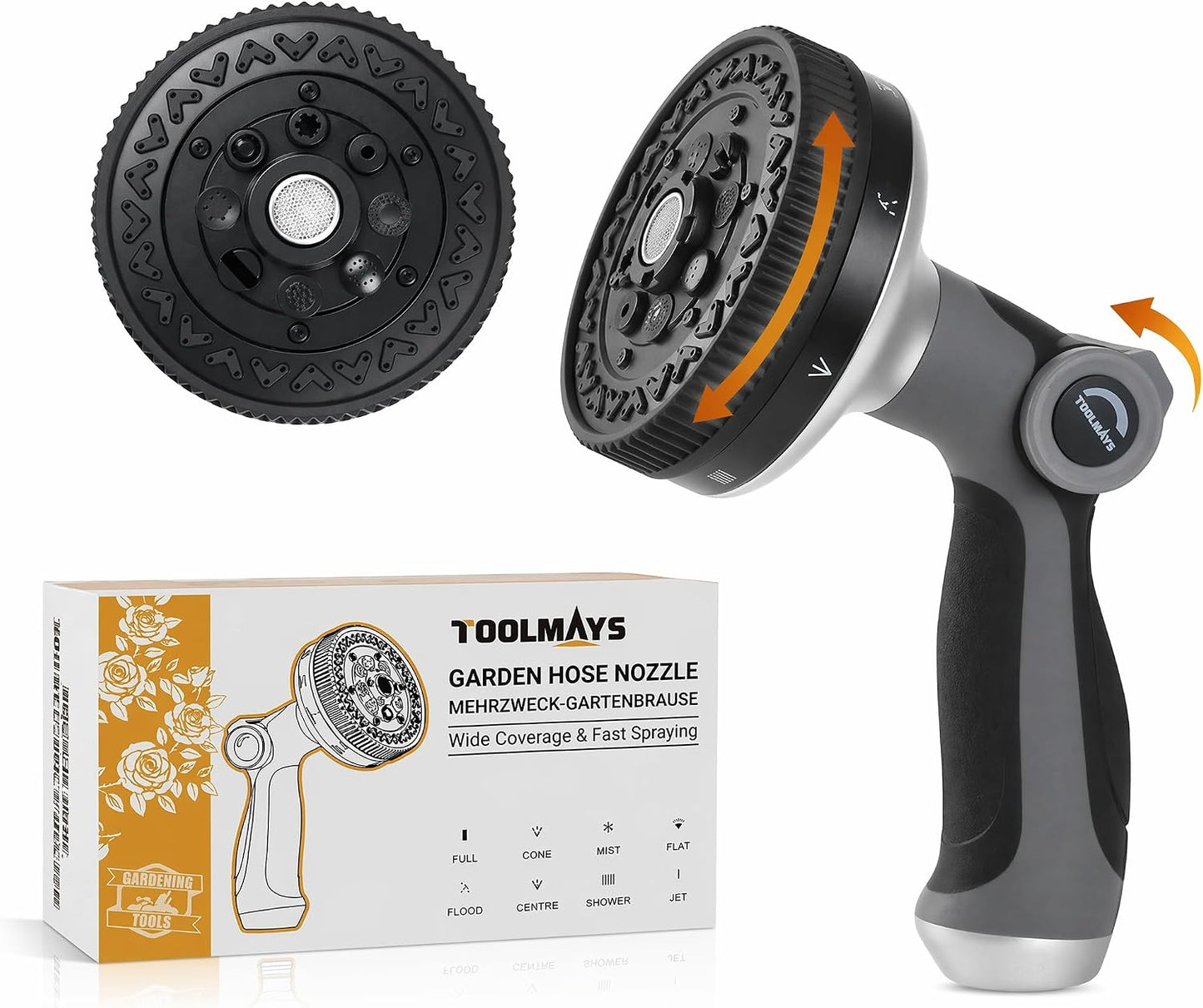 Garden Hose Nozzle - Heavy Duty Water Hose Sprayer with 8 Spray Patterns, Dia 90mm Thumb Control On/Off Valve, Durable Zinc Alloy Body for Lawn, Car & Pet Cleaning