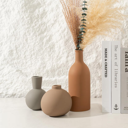 Ceramic Vase Set of 3, Modern Minimalist Neutral Home Decor, Boho Rustic Farmhouse Decorative Vases for Pampas Grass Dried Flowers | Table Centerpiece Entryway Mantel Bookshelf(Black Mix Set - Gray#1)