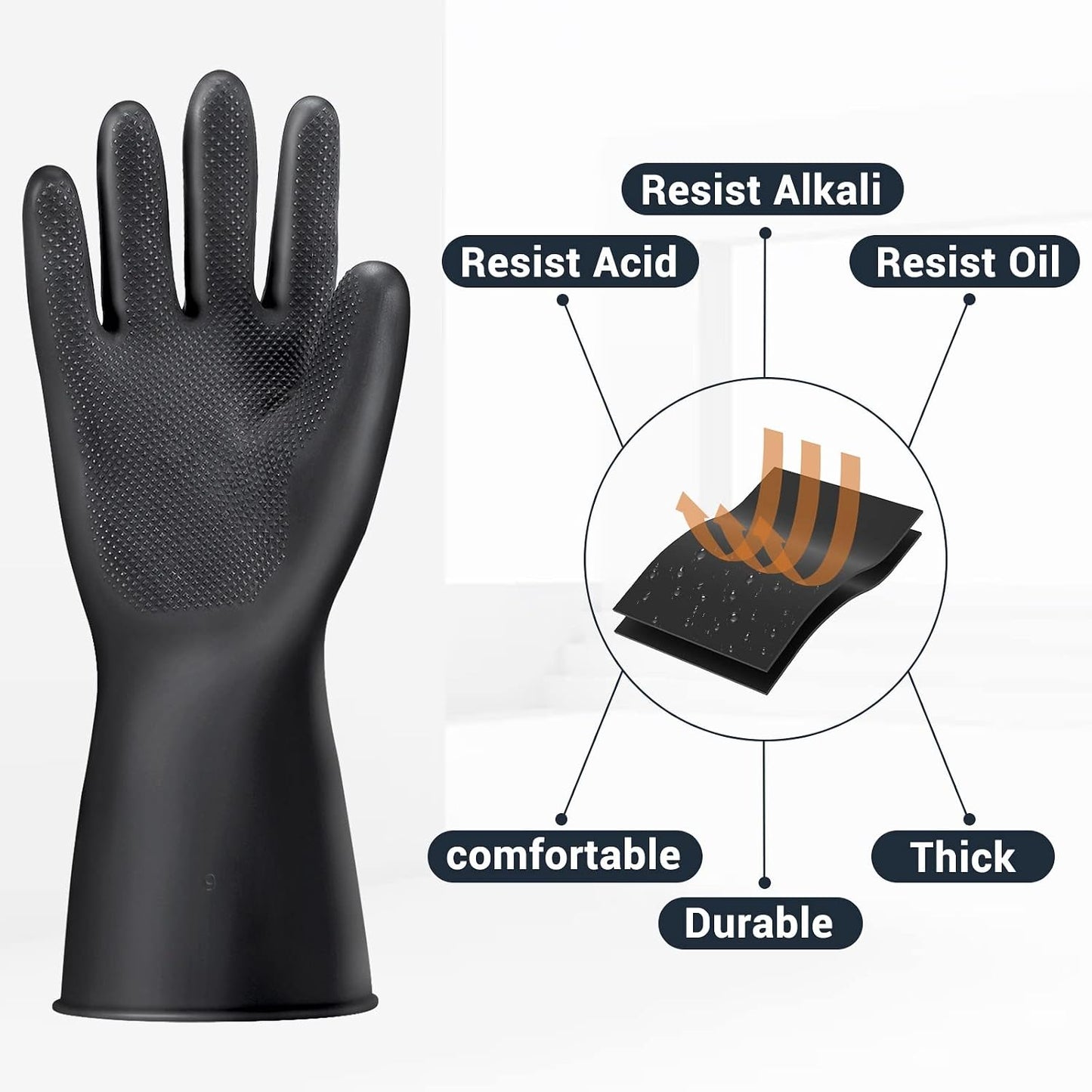 Black Rubber Gloves Extra Large, 22" Long Chemical Resistant Gloves, Waterproof Reusable Dishwashing Household Cleaning Safety Work Heavy Duty Industrial Rubber Glove, 1 Pair XXL