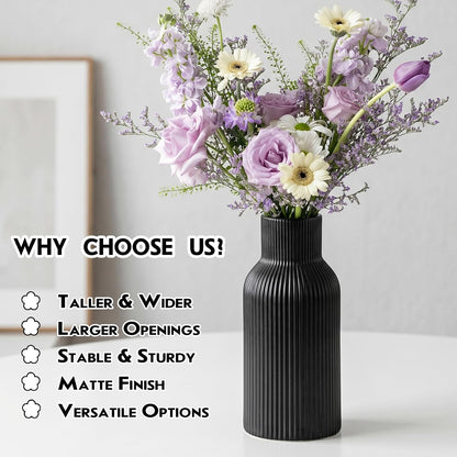 White Ceramic Flower Vases Set of 3, Modern Matte Vertical Ribbed, Nordic Minimalist Decor for Pampas, Dried & Fresh Flowers, Centerpiece for Living Room, Shelf, Entryway, Wedding,Office