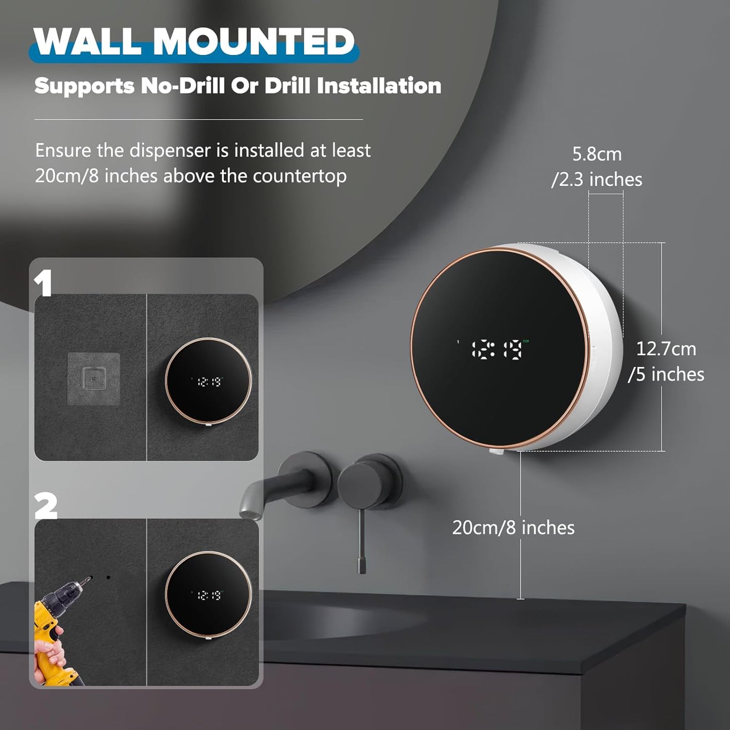 Automatic Soap Dispenser Foam Bathroom: Wall Mount Rechargeable Touchless Adjustable Auto Smart Electric Plastic Black Foaming Soap Dispenser with Clock - Kitchen - Hand Dish Lotion Couple Kids