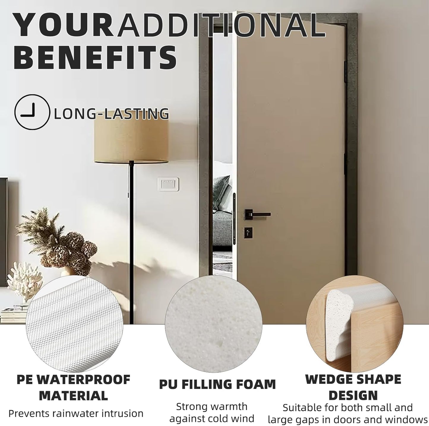 118 Inch Wedge-Shape Weather Stripping Door Seal,Windows and Doors Insulation,Self Adhesive Insulation Foam Anti-Collision Strip,Weatherstrip Tape for Door Soundproofing,Noise Drafts Blocker,White