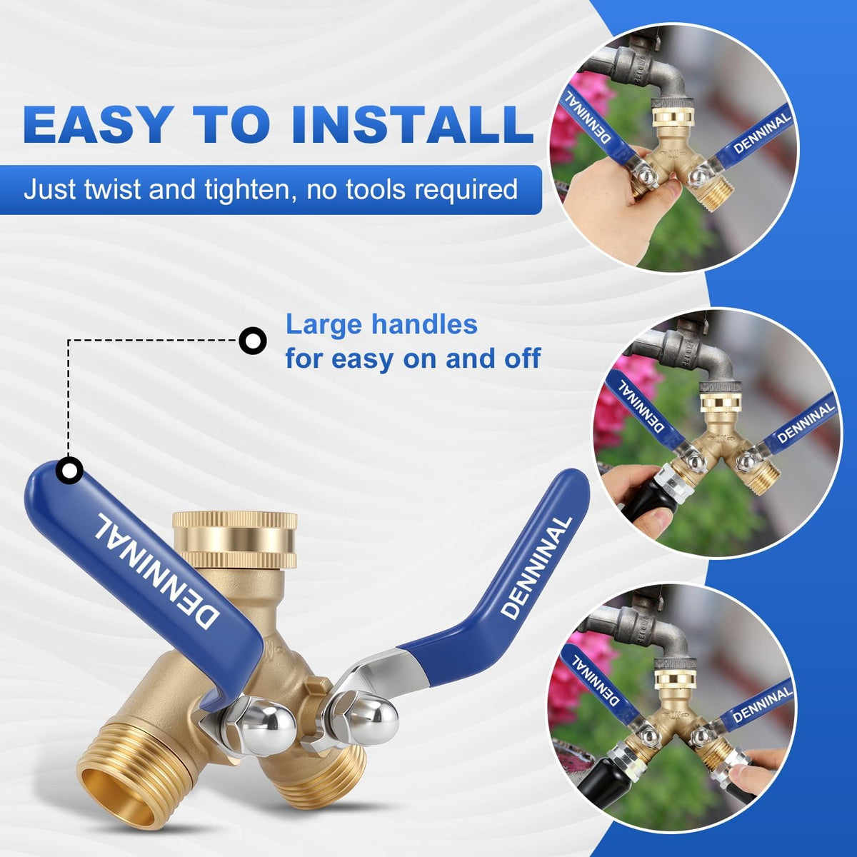 Brass Garden Hose Splitter 2 Way Heavy Duty, Safe Water Hose Splitter with 304 Stainless Steel Long Handle, Outdoor Full Flow Hose Bib Splitter Connector, Y Valve 3/4 Inch GHT Thread
