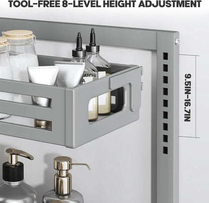 2 Pack Under Sink Organizer,Pull Out Cabinet Organizer with Smooth Cylindrical Rail,Metal Slide Out Drawer for Kitchen Bathroom Laundry Cabinet,8-Level Tool Free Height Adjustable-Black