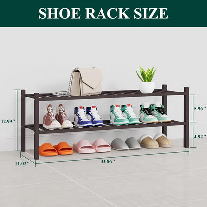 Smiry Bamboo Shoe Rack, 3 Tier Free Standing Wooden Shoe Organizer, Stackable Wood Shoe Storage Shelf for Closet, Entryway, 12 Vertical Slats, 2+1 Stack Standard Legs, 26.8"x11"x19.5", Natural
