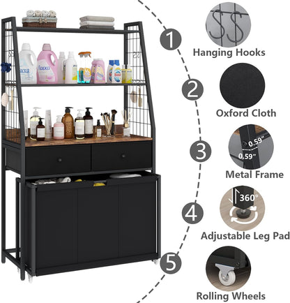 STIKELY Laundry Hamper Laundry Basket with 3 Section Pull-Out Rolling Bags, Laundry Sorter for Organization and Storage with 2 Pull-Out Drawers for Laundry Room, Bathroom, Bedroom Use (Rustic Brown)